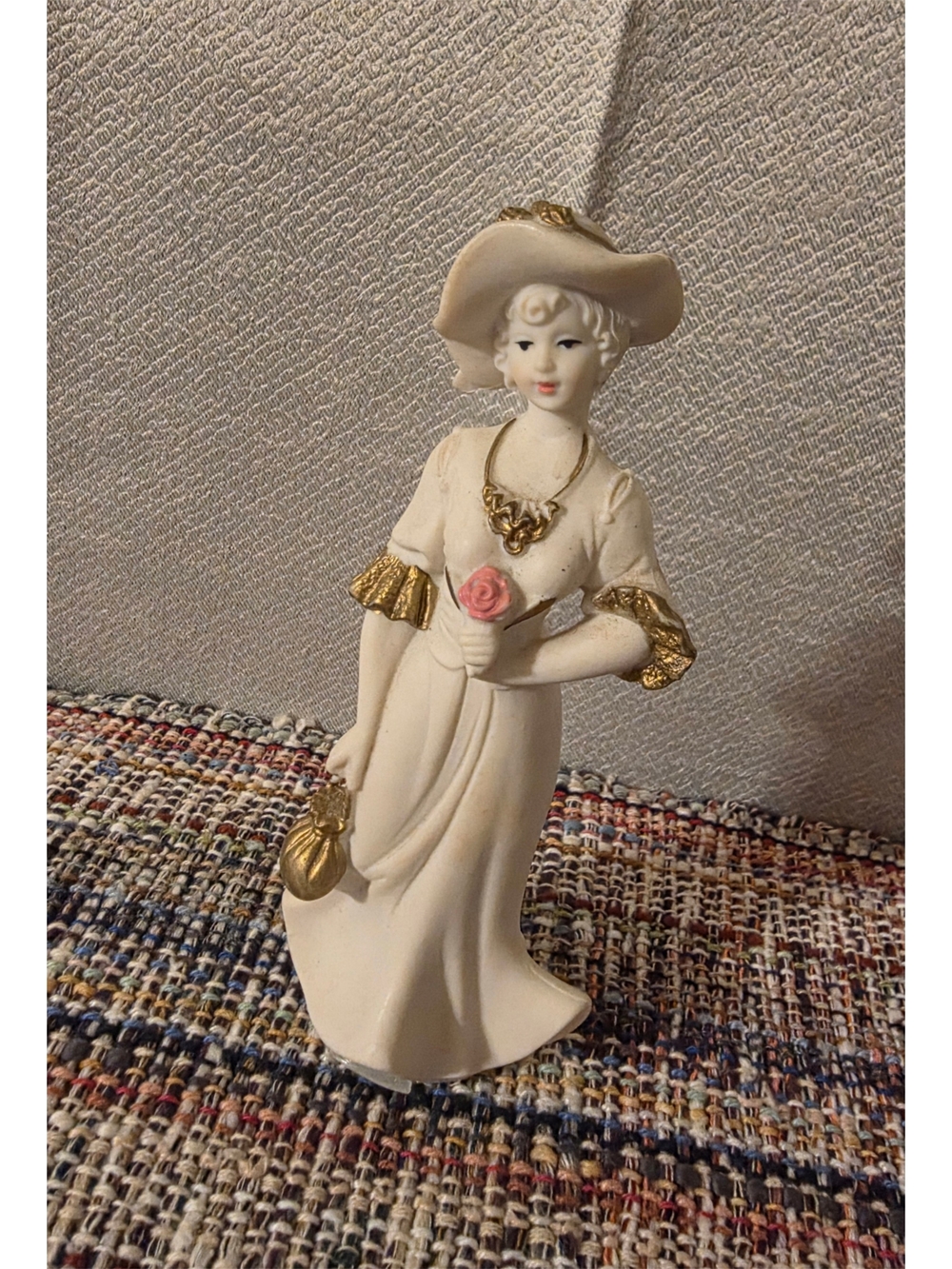Cream Porcelain Lady Figurine with Pink Rose and Gold Accents